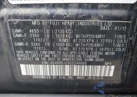 2012 Subaru Outback 3.6R Limited from USA, damaged, VIN 4S4BRDJCXC2244600